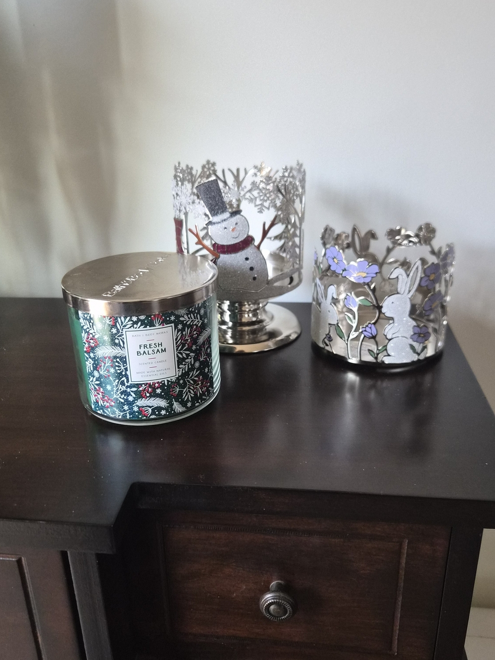 3 Peice Set, Bath & Body Works 3-Wick Candle with Snowman & Bunny Candle Holder - Picture 8 of 15